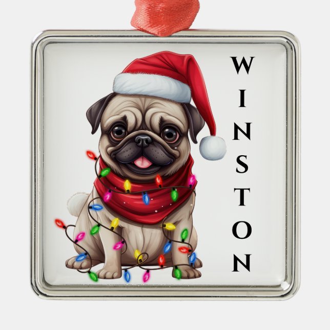 ADORABLE CHRISTMAS PUG HUND MED LJUS JULGRANSPRYDNAD METALL (Framsidan)