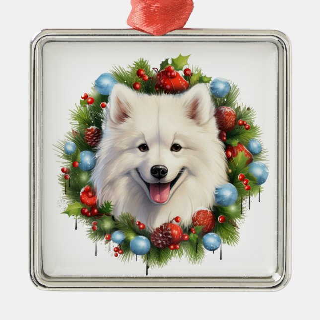 ADORABLE CHRISTMAS SAMOYED HUND WREATH JULGRANSPRYDNAD METALL (Framsidan)