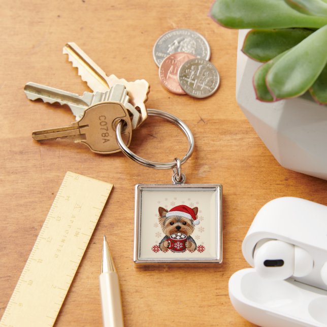 Adorable Christmas Yorkshire Terrier Fyrkantig Silverfärgad Nyckelring (Skrivbord)