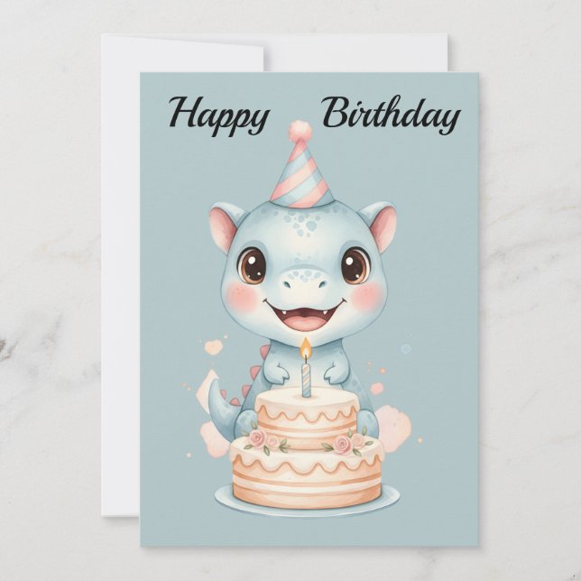 Adorable Cute Baby Blue Dinosaur Birthday Card Julkort (Framsida)