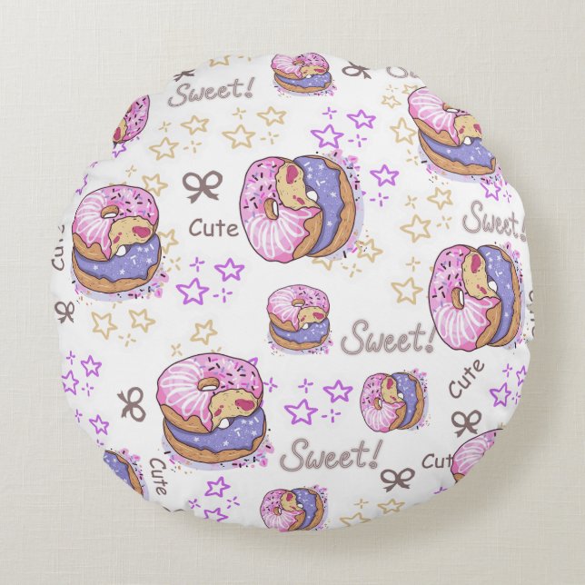 Adorable cute donut baby girl pattern White purple Rund Kudde (Framsidan)