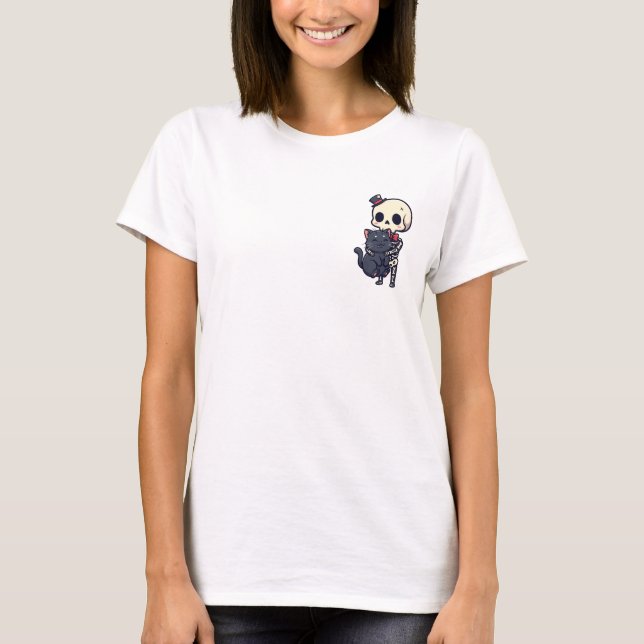 Adorable Dapper Skeleton Hugging Smiling Black Cat T Shirt (Framsida)