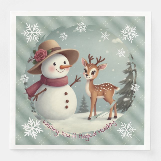 Adorable Deer And Snowman Holiday Pappersservett (Framsida)