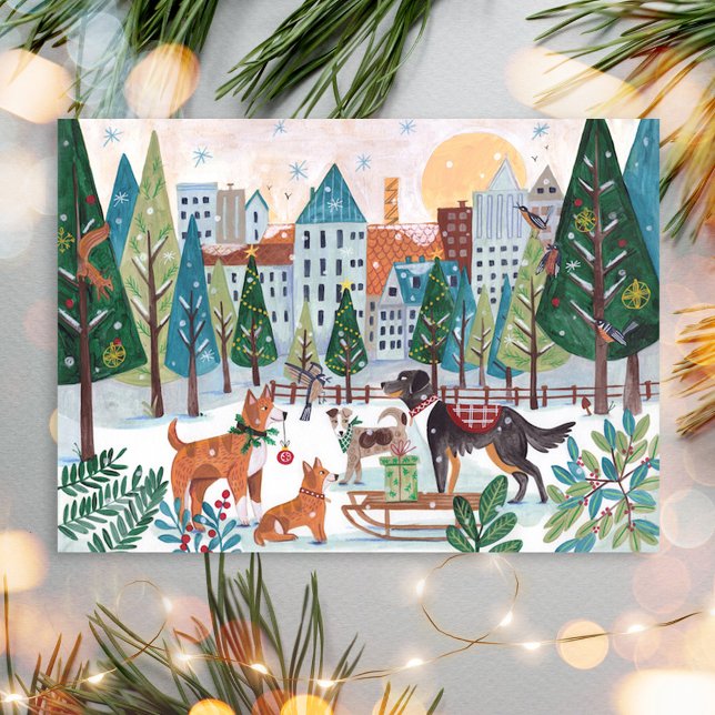 Adorable Dogs Pet Dog Lover Christmas City Park Helg Vykort (Adorable Dogs Pet Dog Lover Christmas City Park Holiday Card)