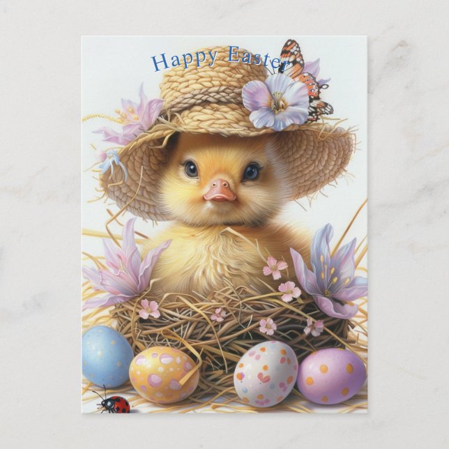 Adorable Duckling Straw Hat Easter Egg Flowers Vykort (Framsida)