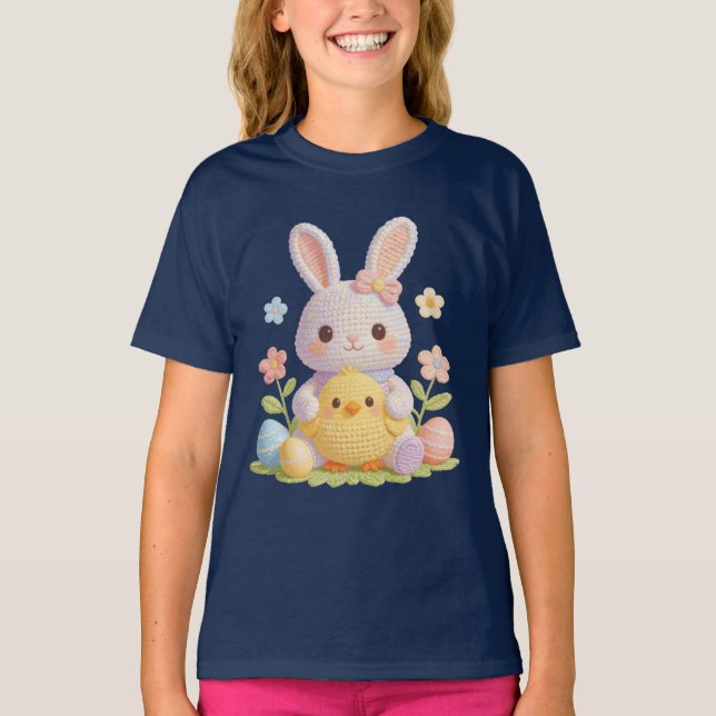 Adorable Easter Bunny and Chick Pastel Spring Art T Shirt (Framsida)