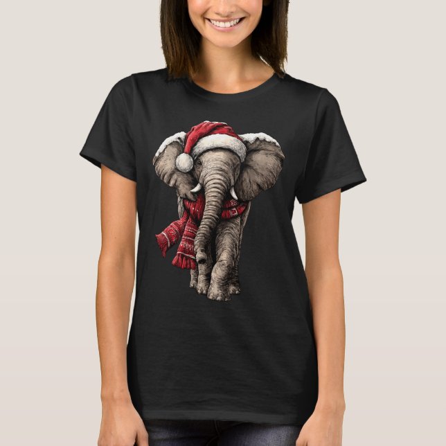 Adorable Elephant In Santa Hat Snowy Winter Christ T Shirt (Framsida)