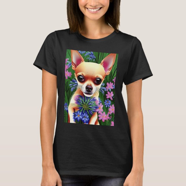 Adorable Fawn Chihuahua Playing in Flowers T Shirt (Framsida)