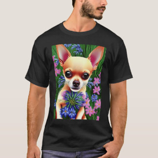 Adorable Fawn Chihuahua Playing in Flowers T Shirt