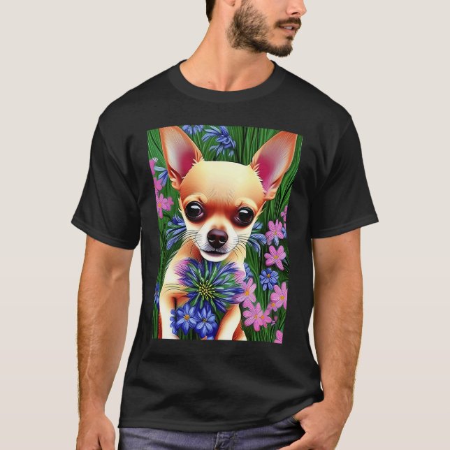 Adorable Fawn Chihuahua Playing in Flowers T Shirt (Framsida)