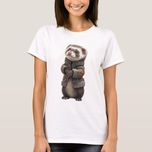 Adorable Ferret in Knitted Brown Cardigan T Shirt (Framsida)