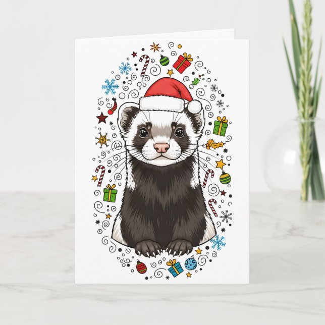 Adorable Ferret in Santa Hat Merry Christmas Card Kort (Framsida)