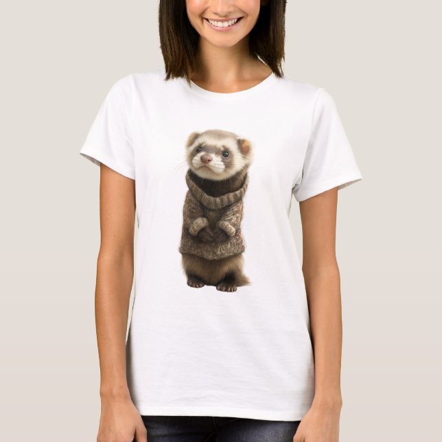 Adorable Ferret Wearing Knitted Sweater T Shirt (Framsida)