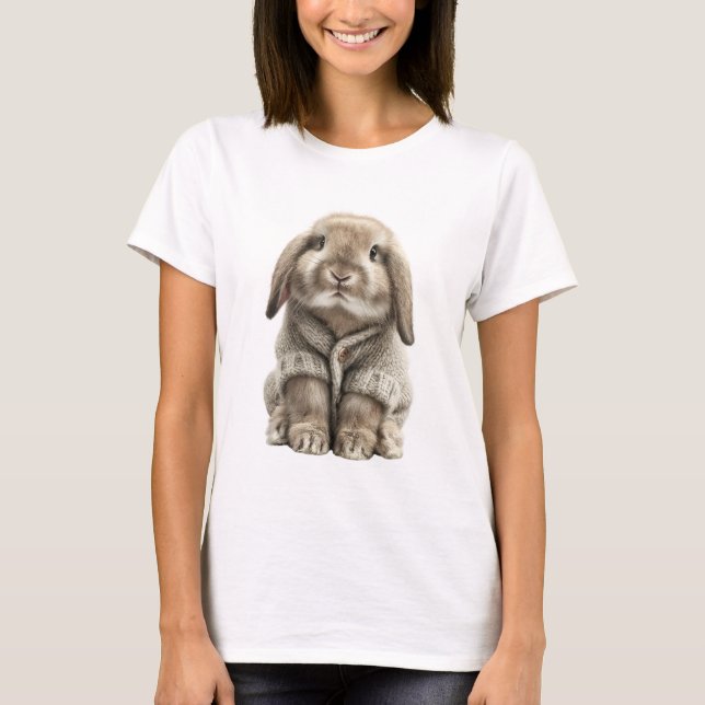 Adorable Fluffy Bunny in Cozy Knitted Sweater T Shirt (Framsida)
