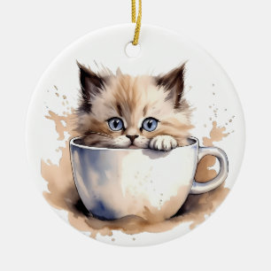 ADORABLE FLUFFY KITTEN IN A TEKOPP JULGRANSPRYDNAD KERAMIK
