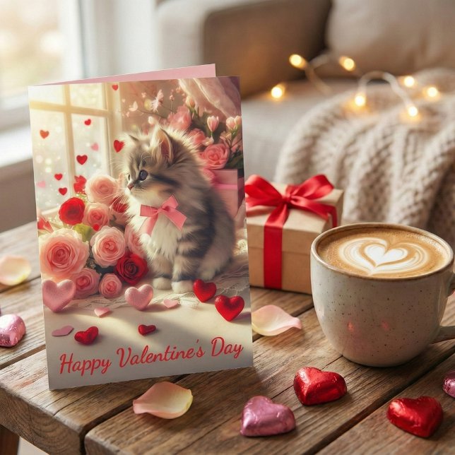 Adorable Fluffy Kitten with Roses Valentine's Day Kort (Skapare uppladdad)