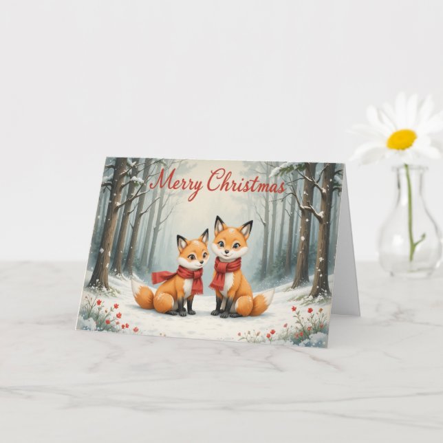 Adorable Fox Christmas Snowy Woods and Red Scarf Kort (Liten växt)