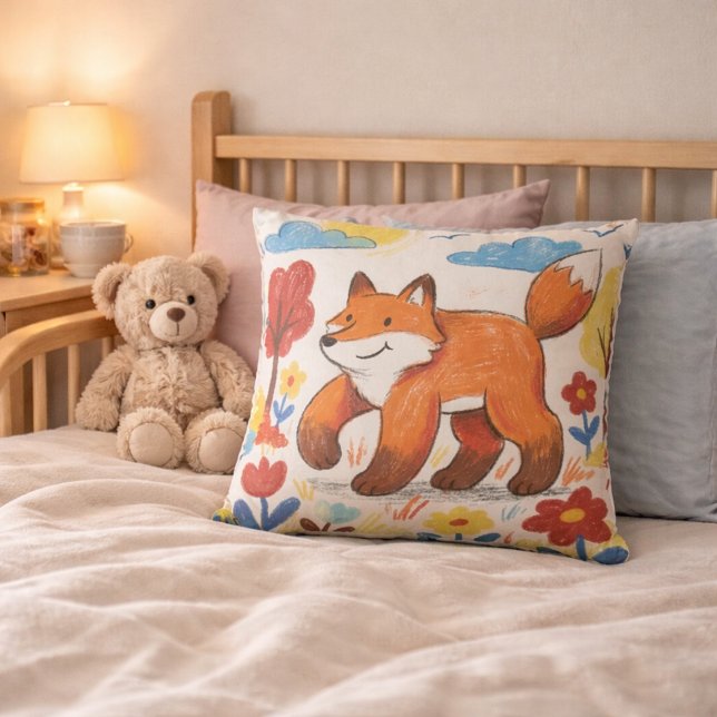 Adorable Fox Walking Among Flowers Drawing Kids Kudde (Skapare uppladdad)