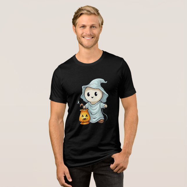 Adorable Ghost with Pumpkin Lantern T Shirt (Framsida Full)