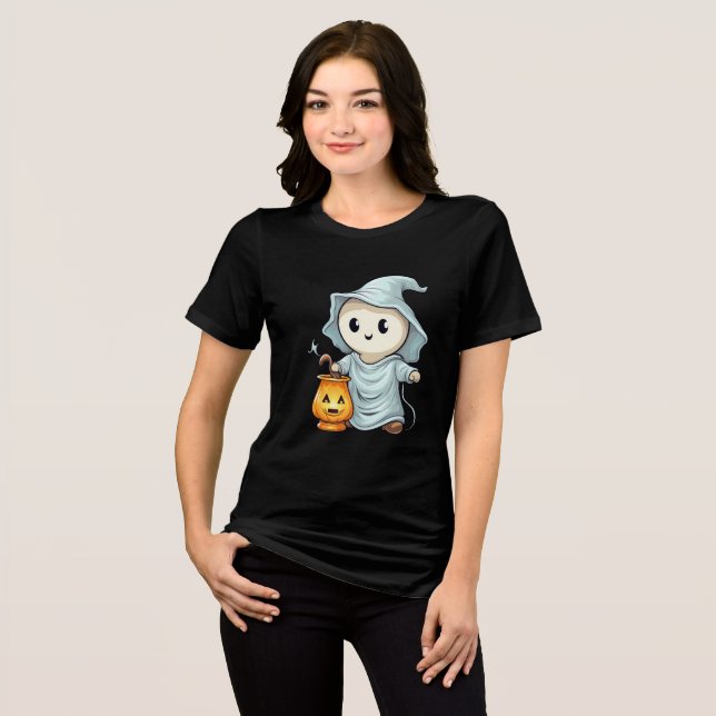 Adorable Ghost with Pumpkin Lantern T Shirt (Framsida Full)
