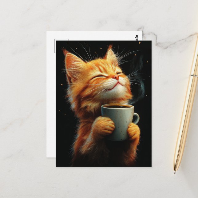 Adorable Ginger Kitty With a Coffee Vykort (Fram/Back In Situ)