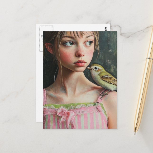 Adorable Girl with Cute Bird on Her Shoulder Vykort (Fram/Back In Situ)