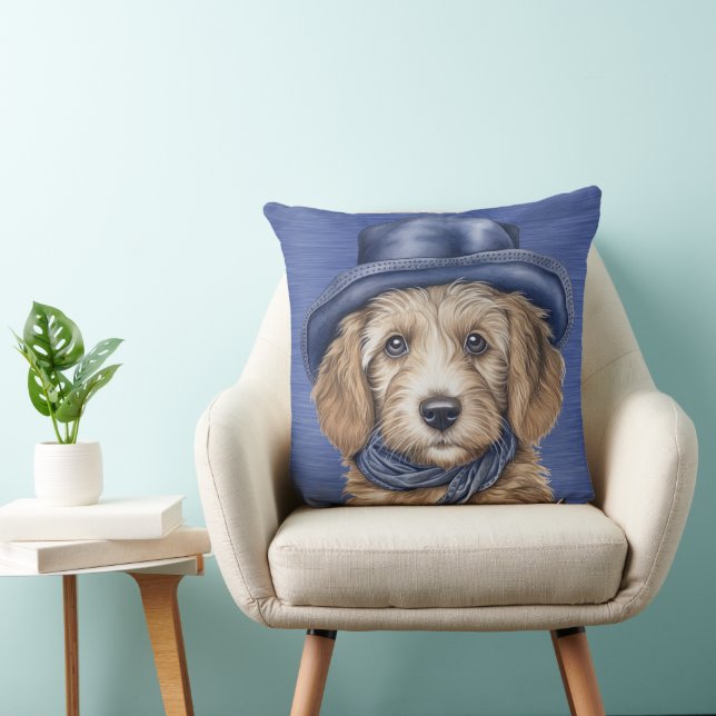 ADORABLE GOLDEN DOODLE PUPPY with BLUE HAT Kudde (Stol)