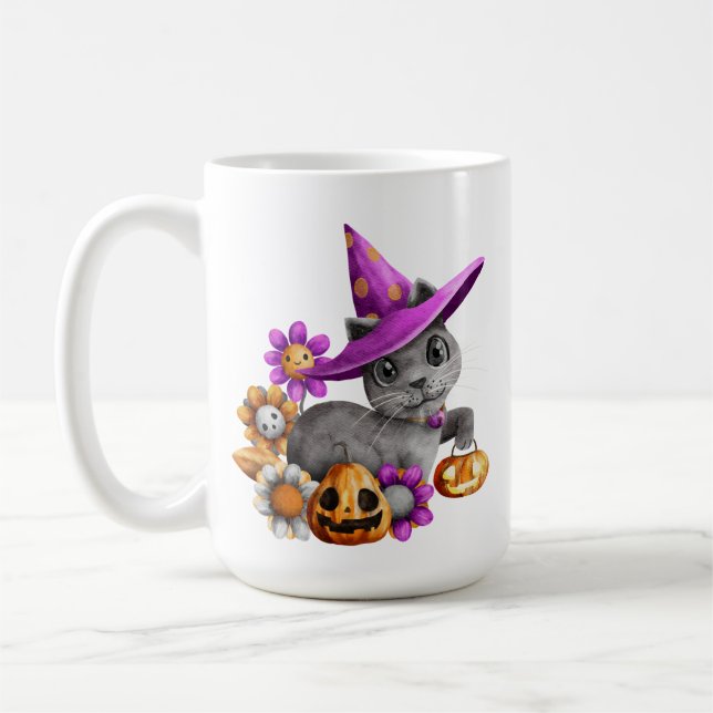 ADORABLE GRÅTT HALLOWEEN CAT MED FLÖDESFLADDERMÖSS KAFFEMUGG (Vänster)