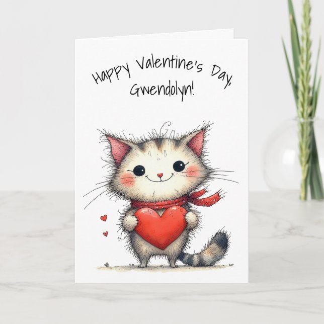 Adorable Gray and White Cat Happy Valentine's Day Kort (Framsida)