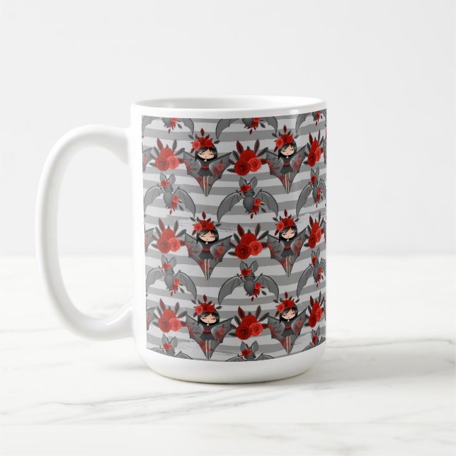 ADORABLE HALLOWEEN BLACK BATGIRL with RED FLOWERS Kaffemugg (Vänster)