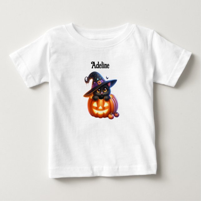 Adorable Halloween Cat Pumpkin Design T Shirt (Framsida)
