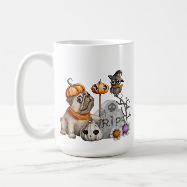 ADORABLE HALLOWEEN PUG UGGLA FLOWERS GRAV STONE KAFFEMUGG (Vänster)