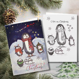 Adorable Hand Drawn Penguin Family Christmas Card Helgkort