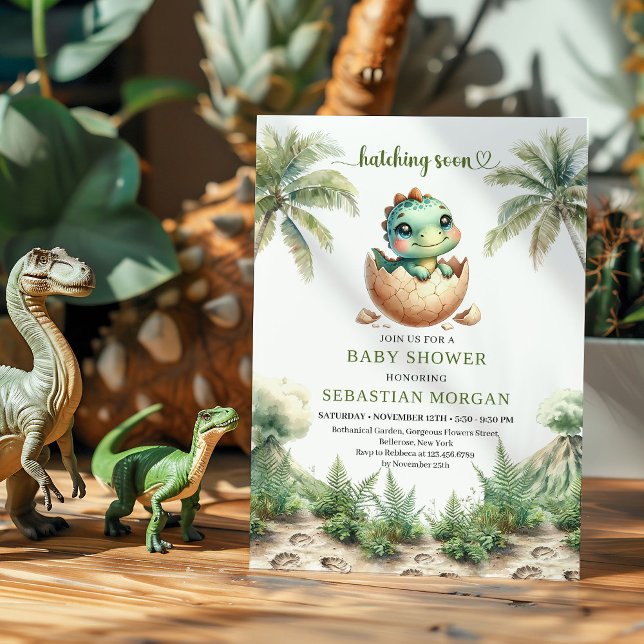 Adorable hatching soon baby shower invite editable inbjudningar (Cute Hatching Soon Dinosaur Baby Shower Invitation)