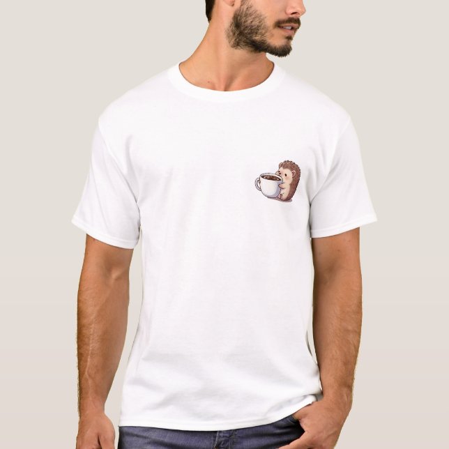 Adorable Hedgehog Hugging Giant Steaming Coffee T Shirt (Framsida)