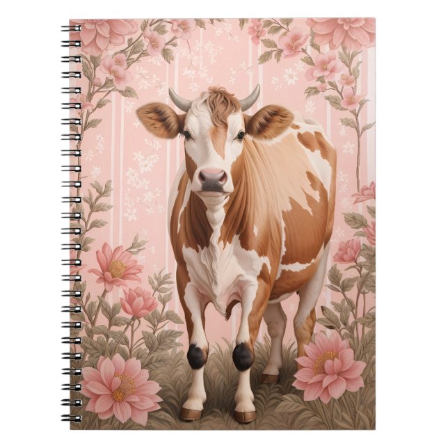Adorable Jersey Cow Pink Floral Anteckningsbok (Framsidan)