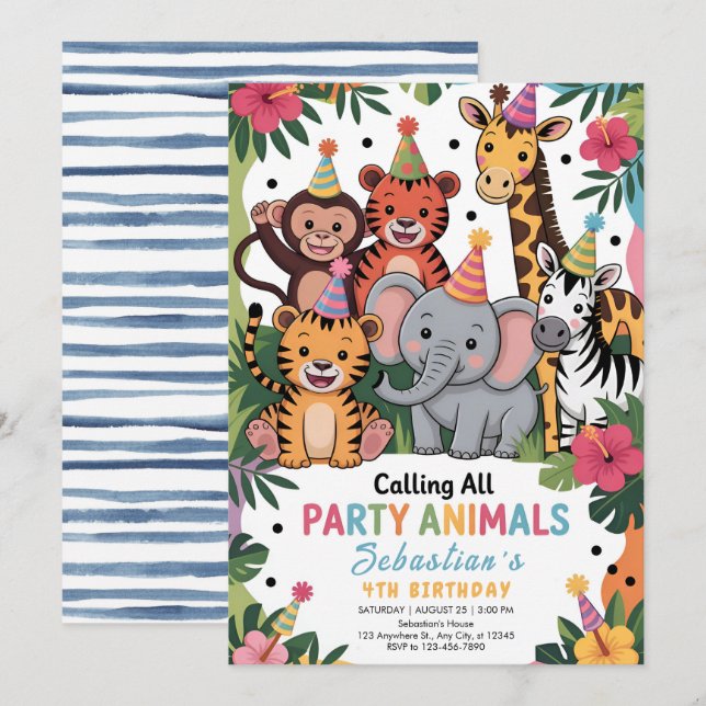 Adorable Jungle Party Animals Birthday Inbjudningar (Fram/baksida)