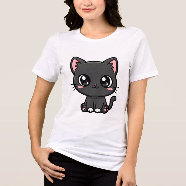 Adorable Kawaii Black Kitten T Shirt (Framsida)
