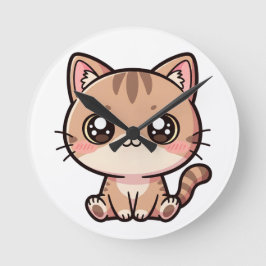 Adorable Kawaii Cat Chibi Illustration Rund Klocka
