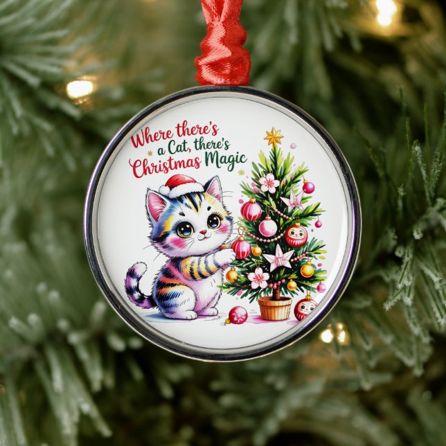 Adorable Kawaii Christmas Cat Personalized Holiday Julgransprydnad Metall (Träd)