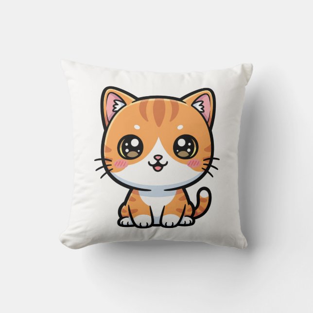 Adorable Kawaii Ginger Cat Cartoon Character Kudde (Framsida)