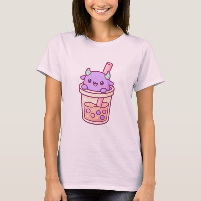Adorable Kawaii Monster with Rainbow Bubble Tea T Shirt (Framsida)