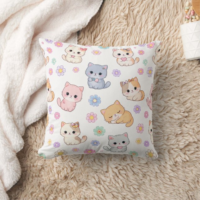 Adorable Kawaii Pastel Kitten and Floral Pattern  Kudde (Filt)