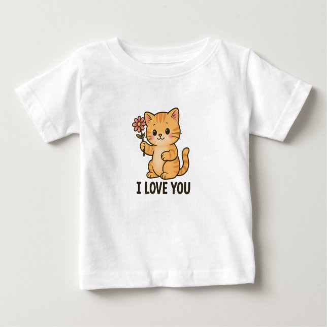 Adorable Kitten Holding Flower – I LOVE YOU Cute  T Shirt (Framsida)