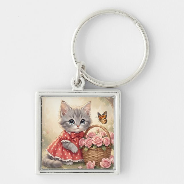 adorable kitten keychain fyrkantig silverfärgad nyckelring (Framsidan)