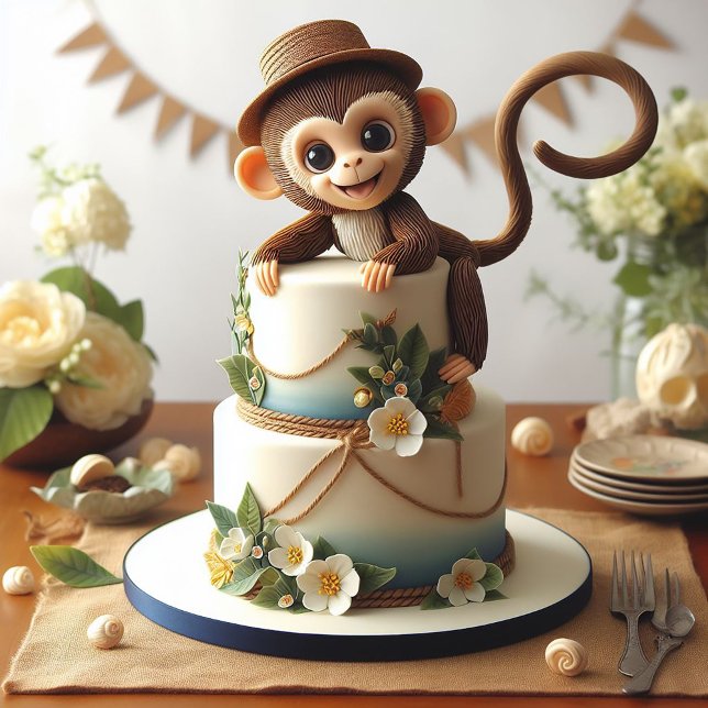 ADORABLE LITTY MONKEY MED HAT BARNS FÖDELSEDAG CAK KORT (Skapare uppladdad)