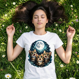 Adorable Meowing Cat Trio Under Full Moon Women's  T Shirt