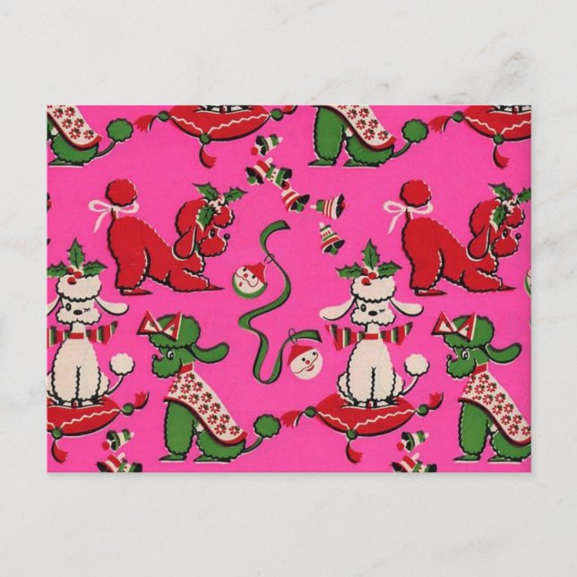 Adorable Mid-century MCM holiday poodles on Pink   Vykort (Framsida)