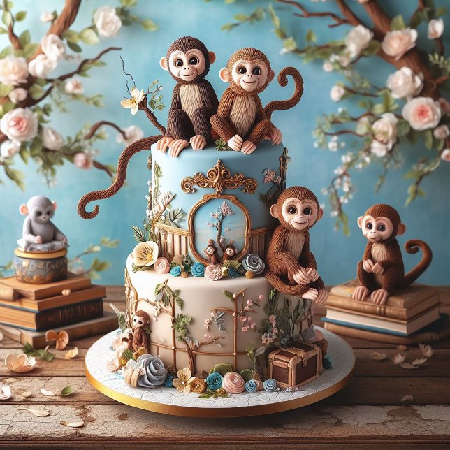 ADORABLE MONKEYS BARNS FÖDELSEDAG CAKE KORT (Skapare uppladdad)