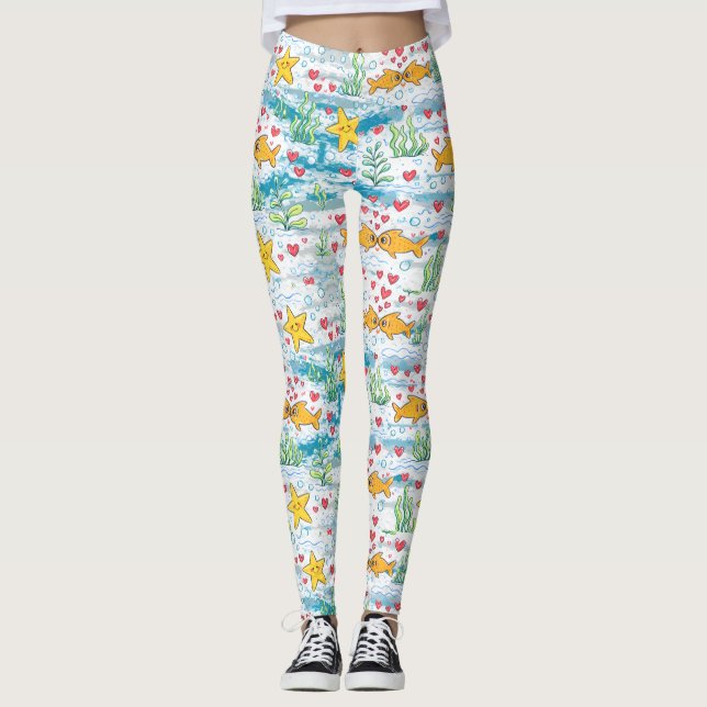 Adorable Ocean Love Pattern | Cute Fish & Starfish Leggings (Framsida)